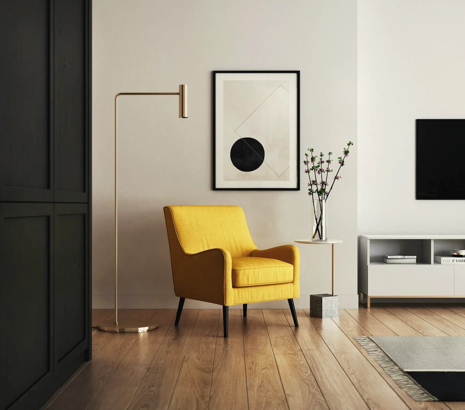 A quiet interior with a mustard armchair, brass floor lamp, and oak floor.